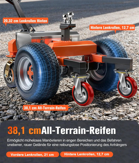 Heavy Duty Electric Trailer Dolly 7500 Lbs Max Capacity with powerful 800W motor, showing all-terrain wheels and hitch setup.