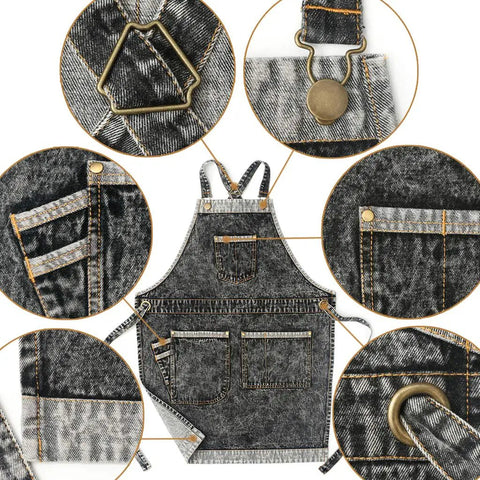 Denim Hair Stylist Tool Apron With Pockets For Women Cross Back Straps Adjustable Size S To M Black Durable with detailed stitching.