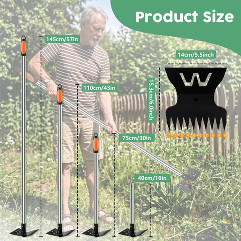 Heavy Duty 57 Inch 2 In 1 Weed Puller With Long Detachable Handle, 10 Tooth Weed Rake And Garden Hoe in use, showing size options.