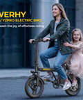 Woman riding Werhy electric bike with child on back, Compact Electric Dirt Bike For Adults With 14 Inch Tires, 48V Battery