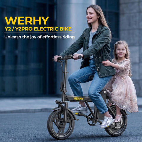 Woman riding Werhy electric bike with child on back, Compact Electric Dirt Bike For Adults With 14 Inch Tires, 48V Battery