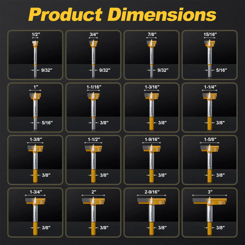 16 Piece Premium Carbide Tipped Forstner Drill Bit Set Featuring Knockout Hex Shank And No Slip Grip dimensions grid display