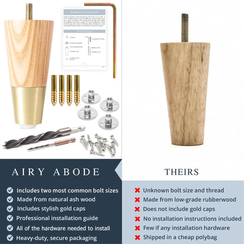 Ash Wood Furniture Legs With Gold Caps Set Of 4 Complete Install Kit compared to low-grade alternative