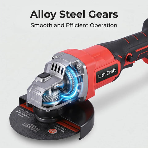 Cordless Four And A Half Inch Angle Grinder With 18.5V Brushless Motor Beefy Battery Powered Cut Off Tool Kit Includes Two 3.0Ah Batteries And Charger For Metal Stone Tile Cutting And Grinding And Rust Removal, alloy steel gears