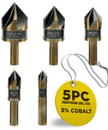 Front view of Pro Grade Heavy Duty Countersink Bit Set For Steel With Five Flute 82 Degree M35 Cobalt HSS in inch sizes.