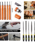 Close-up of 108 Piece Model Tools Kit For Modelers And Hobbyists, showing precision blades and carving tools, 5.2 and 6.2 inches.