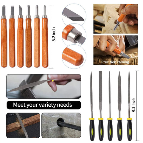 Close-up of 108 Piece Model Tools Kit For Modelers And Hobbyists, showing precision blades and carving tools, 5.2 and 6.2 inches.