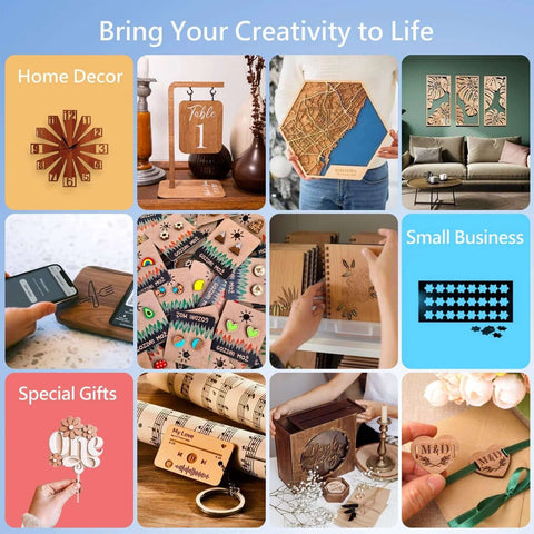 ORTUR Laser Master 2 laser engraver collage of DIY crafts and home décor projects