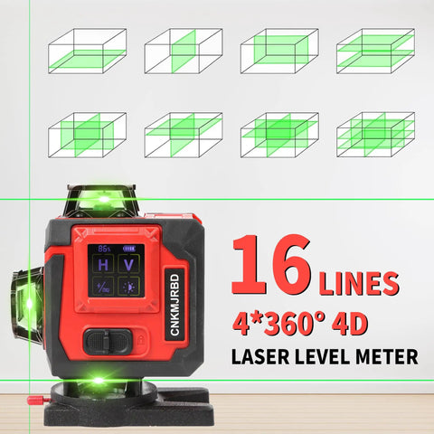 4D Self Leveling Laser Level With 16 Lines And 4x360 Degree Coverage, Green Cross Beams, remote in use on flat surface