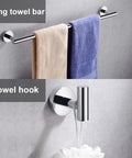 Polished Chrome 6 Piece Bathroom Hardware Set Includes 16 Inch Towel Ring And 23.6 Inch Round Towel Bar, Toilet Paper Holder, Towel Hooks, Heavy Duty SUS 304 Stainless Steel, Wall Mounted Rust Resistant shown with towels on bar and hook