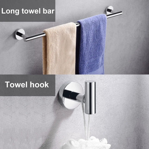 Polished Chrome 6 Piece Bathroom Hardware Set Includes 16 Inch Towel Ring And 23.6 Inch Round Towel Bar, Toilet Paper Holder, Towel Hooks, Heavy Duty SUS 304 Stainless Steel, Wall Mounted Rust Resistant shown with towels on bar and hook