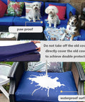 Outdoor Cushion Covers Replacement Set 14 Piece For 7 Piece 6 Seater Wicker Rattan Sectional Sofa Patio Slipcovers With Seat Back And Waist Covers Blue shown with dogs and waterproof surface feature.