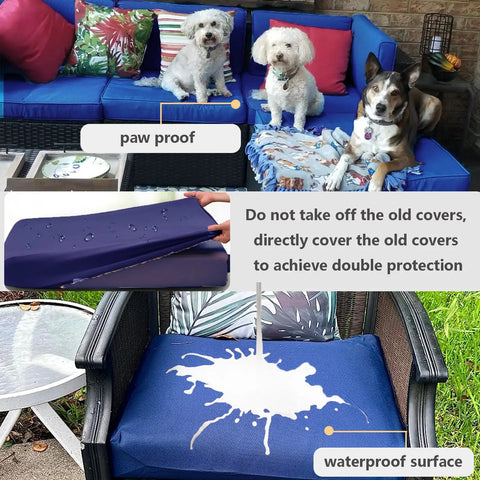 Outdoor Cushion Covers Replacement Set 14 Piece For 7 Piece 6 Seater Wicker Rattan Sectional Sofa Patio Slipcovers With Seat Back And Waist Covers Blue shown with dogs and waterproof surface feature.