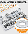Close-up of 1000 Piece Zinc Plated Steel Flat Washers Workhorse Set with Eight Common Sizes for DIY and repairs.