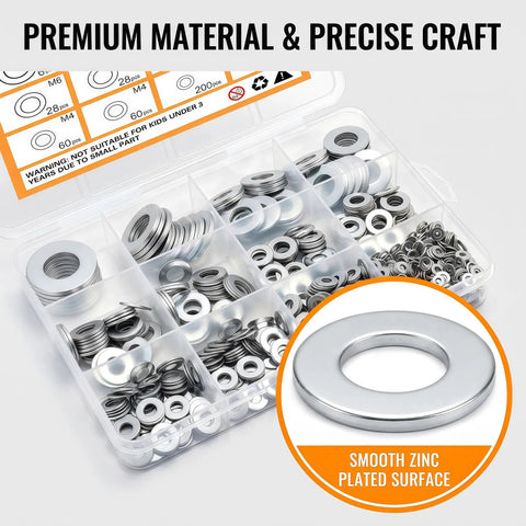 Close-up of 1000 Piece Zinc Plated Steel Flat Washers Workhorse Set with Eight Common Sizes for DIY and repairs.