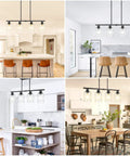 32 Inch 4 Light Matte Black Bar Light With Rustic Farmhouse Charm For Kitchen Island And Dining Room Ceiling Hanging Lamp in various kitchen setups.