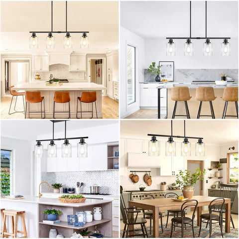 32 Inch 4 Light Matte Black Bar Light With Rustic Farmhouse Charm For Kitchen Island And Dining Room Ceiling Hanging Lamp in various kitchen setups.