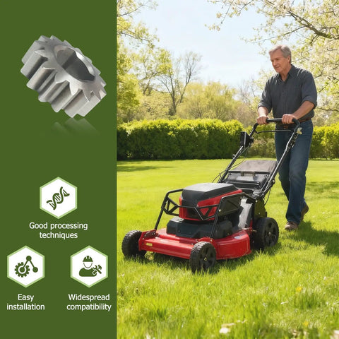 Two Pack Heavy Duty Pinion Gear Replacement Compatible With Toro Super Recycler Push Lawn Mower Models 10552 10590 10591 Genuine Replacement Parts 654750 And 614438, close-up gear with mower in use.