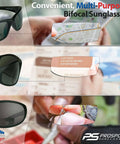 Safety Sunglasses For Men And Women, Work Day Ready Dark Smoke Lenses In Black Frame, UV Protection, shown in use with bifocal lenses.