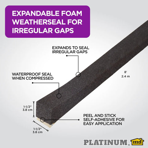 Expandable Foam Platinum Weatherseal for Uneven Gaps Black Window Seal and Weatherstripping One And A Half Inch Wide Eight Feet Long Open Cell Sealant That Expands To Fill Irregular Gaps, showing dimensions and features.