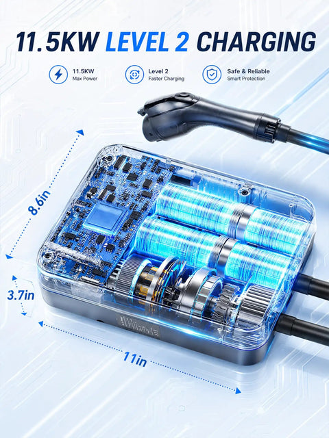 Heavy Duty Level 2 EV Charger With J1772 Adapter And Nema 14 50 Socket Delivers 48 Amps, showing dimensions and internal components.
