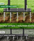 Lawn Aerator For Clay Soil With Kick To Unclog Easy Clear Design And Bolt On Base That Never Breaks 11 Heavy Duty 3.5 Inch Spikes showing spikes penetrating soil for deep root access