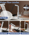 SINGSUO Pull Down Kitchen Faucet with Glass Rinser (Chrome), showcasing four water flow modes for versatile usage.