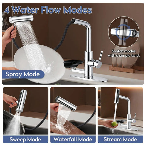 SINGSUO Pull Down Kitchen Faucet with Glass Rinser (Chrome), showcasing four water flow modes for versatile usage.