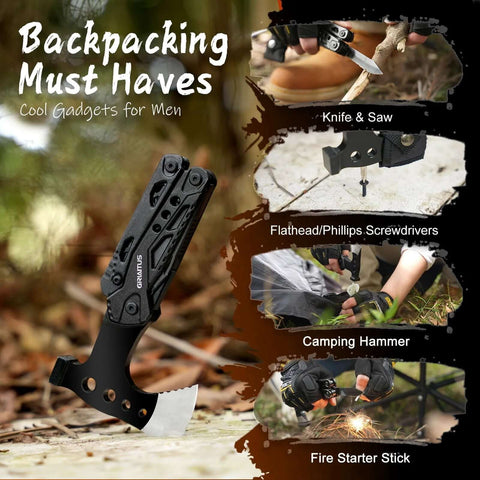 Front view of black GRIANTUS 16-in-1 camping multitool with axe head, hammer, pliers, and saw