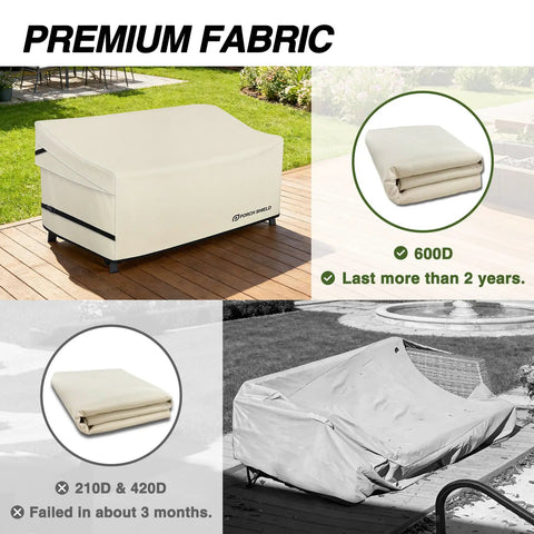 Waterproof Outdoor Bench Sofa Cover For 2 Seater Patio Loveseat Fits 56W 31D 33H Beige on patio deck, highlighting 600D durability.
