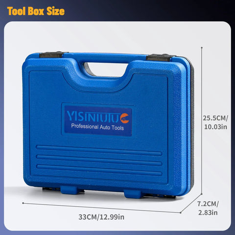 Blue carrying case for 3.6L Timing Tool Kit With Camshaft Holding And Phaser Tools, dimensions labeled, portable size.