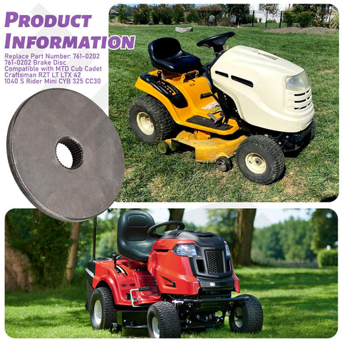 Beefed Up Brake Disc For Wide Range Mower Models Compatible With MTD Cub Cadet Craftsman RZT LT LTX 42 1040 S Rider Mini CYB 325 CC30 Replacement Part, shown with yellow and red lawn mowers.