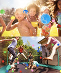 Children playing outdoors with 36 Pcs Reusable Water Balloons Quick Fill Set For Outdoor Play Backyard Beach Pool Water Soaker Balls.
