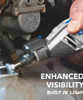 Close-up of Dremel 4300-5/40 rotary tool with LED light and grinding bit on metal surface
