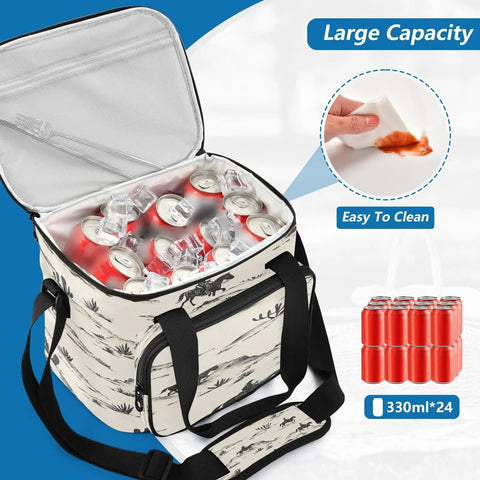 Open Insulated Leakproof Lunch Bag For Outdoors with red cans, showing large capacity and easy-to-clean PEVA liner.