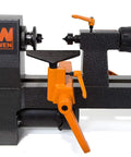 Close-up view of Eight By Twelve Inch Variable Speed Mini Benchtop Wood Lathe With Three Point Two Amp Motor and Soft Start.