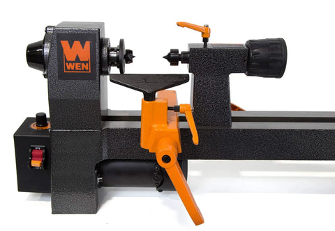 Close-up view of Eight By Twelve Inch Variable Speed Mini Benchtop Wood Lathe With Three Point Two Amp Motor and Soft Start.