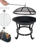 Extra Large Fire Pit BBQ Grill Bowl with mesh spark screen cover, poker, tote bag, and log grate, elevated design for safety