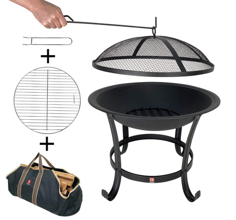 Extra Large Fire Pit BBQ Grill Bowl with mesh spark screen cover, poker, tote bag, and log grate, elevated design for safety