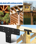Straight Up Heavy Duty T Shape Metal Brackets, Rock Solid Carbon Steel Truss Connectors For Wood Post Repair, Contractor Grade Pergola Beam Hardware Kit Including 56 Screws And Socket Wrench, Black shown on wooden structures.