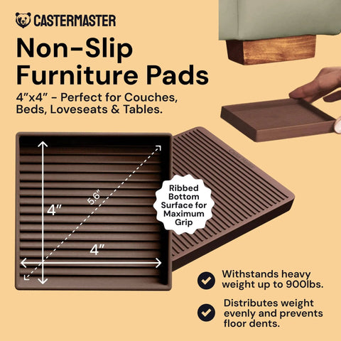 Non Slip Furniture Pads For Hardwood Floors 4x4 Inch Square Rubber Caster Cups Anti Skid Floor Protectors For Heavy Sofas Beds And Chairs Brown 4 Pack with ribbed bottom.