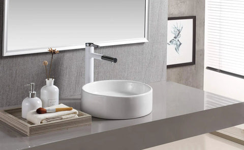 Round Flat-Side Vessel Countertop Sink In White Porcelain, Thirteen And Five Eighths Inch Square Basin, Modern Above-Counter Design