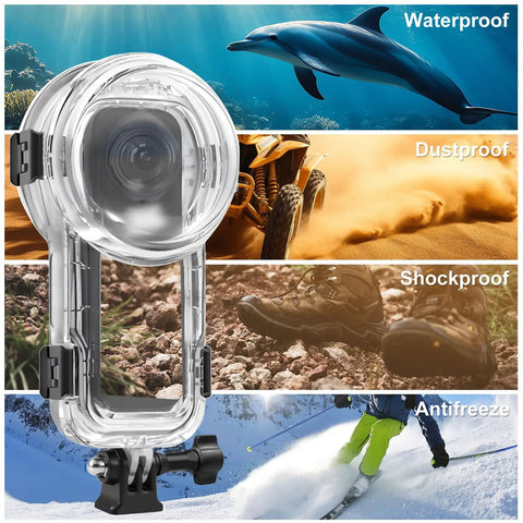 60M Underwater Case For X5 Action Camera, Waterproof Housing With Ultra Clear PMMA Lens And AR Coating, showcasing waterproof, dustproof, shockproof, antifreeze features.