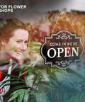 Open And Closed Business Sign 11x8 Inch Dibond Weatherproof Come In Or Closed Sign With Rope displayed in flower shop window