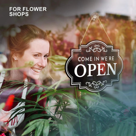 Open And Closed Business Sign 11x8 Inch Dibond Weatherproof Come In Or Closed Sign With Rope displayed in flower shop window