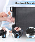 Retractable Baby Gate Extra Wide Mesh Safety Gate for Babies and Pets, one-hand operation, showing easy retraction mechanism.