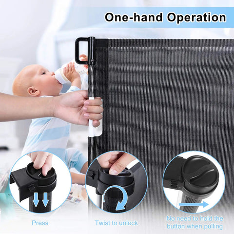 Retractable Baby Gate Extra Wide Mesh Safety Gate for Babies and Pets, one-hand operation, showing easy retraction mechanism.