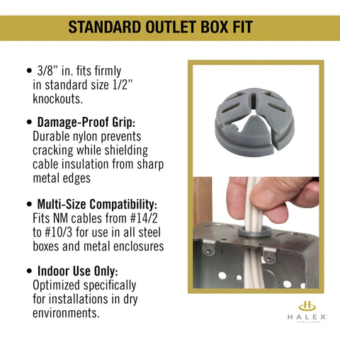 Image of gray 3/8 to 1/2 Inch Knockout Non-Metallic Push-In Connector Model 75105B, with installation in an electrical box.