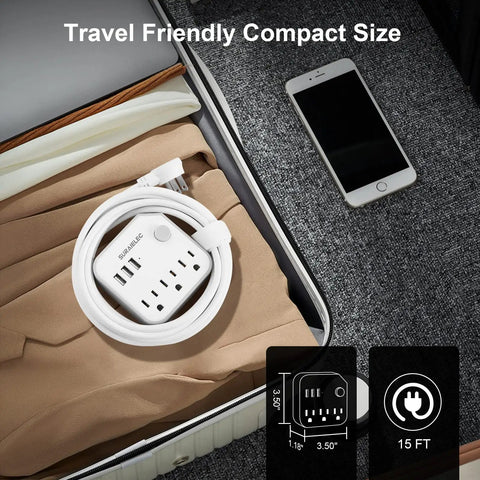 15 Ft Long Extension Cord With 3 Outlet Desk Power Strip And 3 USB Ports, Flat 45 Degree Plug in a suitcase