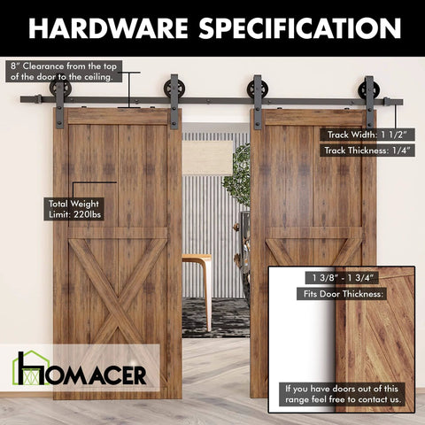 Black Rustic Non Bypass Sliding Barn Door Hardware Kit Tough As Nails Built To Last For Two Doors Six Point Six Feet Long Flat Track With Spoke Wheel Rollers Heavy Duty For Indoor And Outdoor Use installed view showing hardware specifications and door fit measurements